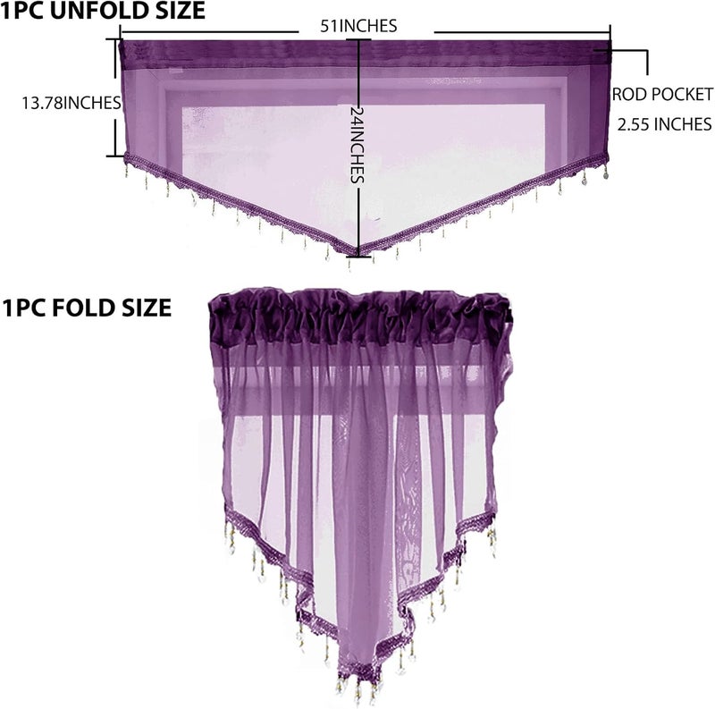 PearAge Beaded Sheer Valance Curtains for Living Room,Rod Pocket Farmhouse Window Valance, Bead Trim Tassel Voile Sheer Curtain Valance for Bedroom Bathroom Cafe 51x24 Inches (Dark Purple) 1PC - Image 2